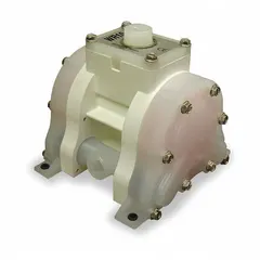 Air-operated double diaphragm pump with a polypropylene housing, 3/8 in NPT connections, and a maximum flow of 6.8 gpm. Features a PTFE diaphragm with polypropylene seat and check valves. Suitable for transferring a range of fluids in industrial, chemical, and water-treatment applications where chemical resistance is required.