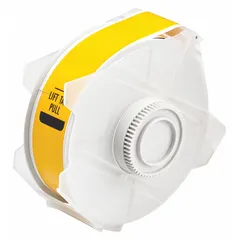 This continuous label roll is made of yellow gloss vinyl for outdoor use. It measures 1 1/8 inches by 100 feet and features a removable and repositionable adhesive. Compatible with GlobalMark 2 printers, it is suitable for labeling equipment, pipes, and safety signage in industrial environments.