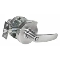 This SARGENT office lever lockset features a satin chromium-plated finish and a 7 angled lever design. It is ADA compliant and offers F109 function for push-button locking from the inside, suitable for interior commercial doors requiring keyless egress