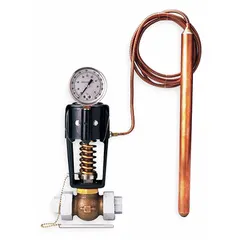 This reverse-acting temperature regulator from SPENCE features a bronze body and a 1 1/4 inch pipe connection. It is designed for steam media, closing on temperature rise to maintain set temperatures in heat exchangers, tanks, or process equipment. Typical applications include preheating and freeze protection where cooling must be prevented.