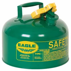 This Type I safety can is designed for handling and storing flammable liquids such as oil. It features a single opening for filling and pouring. Constructed from powder coated steel in green, it has a 2 1/2 gallon capacity. Suitable for industrial environments where spill prevention and fire safety are required.