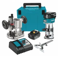 This cordless compact router kit includes both fixed and plunge bases for versatile routing applications. The brushless motor delivers 30,000 RPM for efficient cutting. It is suited for edge profiling, trimming, and precision routing in woodworking and cabinetry.