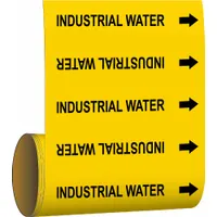 Green adhesive pipe marker with black legend reading 'Industrial Water' and directional arrows. Fits pipe O.D. of 2 in and smaller. Supplied 30 markers per roll for identification of industrial water piping systems