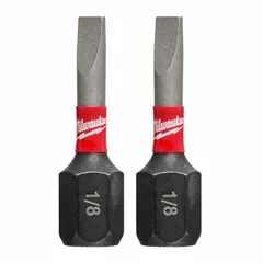 Slotted-head insert bit with 1/8" imperial bit size and standard hex shank. Made of alloy steel. Suitable for driving slotted screws in assembly and repair tasks. Pack of 2.