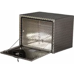 This single drop-down door box is designed for under-vehicle storage of tools, equipment, and supplies. It features a silver finish and a keyed lock for security. Commonly used on service trucks and fleet vehicles for organized, lockable storage.