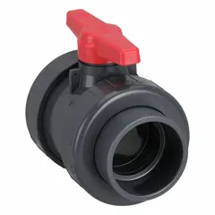 This 4-inch PVC ball valve features a straight body with socket x socket connections, rated for 150 psi CWP. It is manually operated and suitable for on/off flow control in industrial fluid-handling systems, including water and chemical applications.