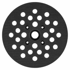 Round rubber backing pad with hook-and-loop surface for attaching sanding discs. Designed for use with MILWAUKEE model 2684-20 and 2685-20 power sanders. Non-vacuum type, 5 15/16 in width.