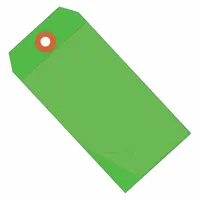 Green vinyl self-laminating shipping tag, 4 3/4 in high by 2 3/8 in wide. The self-laminating design protects printed information from moisture, abrasion, and handling. Suitable for labeling shipments, pallets, and industrial assets in warehouses, logistics, and manufacturing environments. Pack of 100