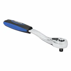 This offset flex-head ratchet features a reversible mechanism and a chrome finish. With an 8-inch overall length and a 5° minimum arc swing, it is suited for tightening and loosening fasteners in confined spaces. The non-magnetic construction allows use in sensitive environments.