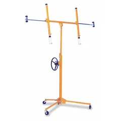 Steel drywall lift with a 12 in x 4 in platform. Supports up to 200 lb for raising and holding drywall sheets during ceiling installation. Suitable for construction applications requiring vertical material positioning.