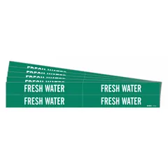 Green background with white legend for fresh water identification. Each pack contains 5 cards with 4 markers per card, fitting pipe outer diameters from 3/4 to 2-3/8 inches. Markers are without arrows. Used to label potable water lines in industrial piping systems.