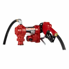 This bung-mount AC-powered fuel transfer pump operates on 115 V AC with a 1/6 hp motor, delivering a maximum flow rate of 15 gpm. It includes a 1-1/8" x 12' discharge hose and an automatic nozzle, designed for transferring diesel, kerosene, and other non-flammable liquids from drums or tanks.