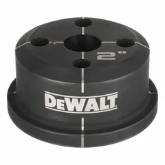 Round knockout die with 2 in nominal size for use with DEWALT hydraulic knockout tools. Cuts clean holes in steel sheet metal up to 10 gauge thick. Suitable for electrical panel fabrication, switchgear assembly, and metal enclosure work.