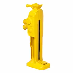 Steel-bodied mechanical ratchet jack with manual handle actuator. 5 ton load capacity, 20 in minimum lift. Used for raising heavy machinery, structural components, or vehicles in confined spaces requiring controlled manual lifting.