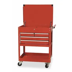 This light-duty tool utility cart provides organized storage and transport for tools and supplies. It features four keyed-lock drawers and a hinged design for secure access. The cart measures 30 inches wide by 20 inches deep by 38 inches high, with a red finish. Suitable for workshops, maintenance areas, and light-duty industrial environments.