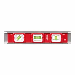 Magnetic torpedo level with plastic body and aluminum frame. Features Rare Earth magnets and V-Grooves for centering on pipe or conduit. Top and side read vials provide level, plumb, and 45° angle measurement. Suitable for layout and alignment tasks in confined spaces.