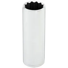 This 3/8" drive hand socket features a 9/16" SAE size with a 12-point deep design for accessing recessed or extended fasteners. The chrome finish provides corrosion resistance. Suitable for manual use with ratchets and extensions in automotive, machinery, and general assembly applications.