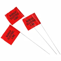 Plastic marking flag with printed 'Buried Electric Line' message in black/red. Flag size 4 in x 5 in, staff height 30 in, solid pattern. Pack of 100. Used for identifying and warning of buried electric lines during excavation or utility work.