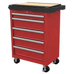 This light-duty rolling tool workstation from WESTWARD measures 34 5/16 inches wide by 19 1/2 inches deep by 39 3/8 inches high. It features five drawers in a red finish, providing organized storage for hand tools and small parts in workshops, garages, and maintenance areas.