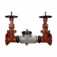 Double check backflow preventer with flange x flange connections and NRS gate valve shut-off valves. Pipe size 4 in, overall length 34.88 in. Used in commercial and industrial water systems to prevent reverse flow in non-health-hazard cross-connections such as fire sprinkler systems and irrigation lines.