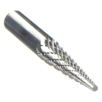 Double-cut pointed-end cone bur with a 1/4" x 1" head and 1/4" shank. Used for deburring, shaping, and finishing metal parts on contoured surfaces in industrial machining and fabrication
