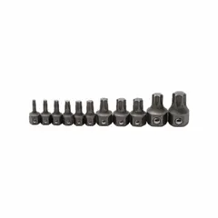 This 25-piece hex bit socket set includes fixed insert sockets in 8mm, 12mm, and 16mm drive sizes, with 11 pieces total. The fixed insert design ensures secure bit retention for torque transfer. Commonly used for driving hex fasteners in automotive repair, machinery maintenance, and industrial assembly.