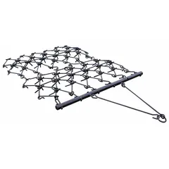 This steel drag harrow measures 4 ft wide by 5 ft long and features 36 tines. It is used for breaking up soil clods, leveling seedbeds, and smoothing rough ground in agricultural and landscaping applications.