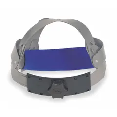 This 4-point ratchet headband suspension is a component of a PAPR system for abrasive blasting headgear. It includes a cushion browpad for comfort and uses a four-point ratchet mechanism for secure adjustment. Designed for use in industrial environments requiring respiratory protection.