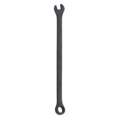This SAE 12-point combination wrench is made from alloy steel with a black oxide finish. It features a 1/4-inch head size and a 4 7/8-inch overall length with an offset design. Suitable for tightening and loosening fasteners in automotive, mechanical, and industrial maintenance tasks.