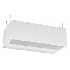This heated recess-mounted air curtain is designed for a 6 ft wide opening. It features a white aluminum housing and delivers 2,434 cfm at 230V AC, 3 phase. Typical applications include commercial and industrial doorways to reduce energy loss by blocking outdoor air infiltration.