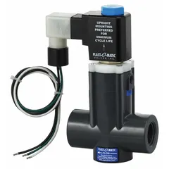 This 2-way/2-position normally closed solenoid valve from PLAST-O-MATIC is designed for inline single installation with a 3/4 in pipe size and 120V AC voltage. It features a coil enclosure without a junction box. Typical applications include fluid control in plumbing systems where automatic shut-off is required.