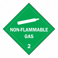 Class 2: Gases placard measuring 10 3/4 in x 10 3/4 in with a 10 3/4 in label height. Displays 'Non-Flammable Gas' message for marking containers in transport and storage applications.