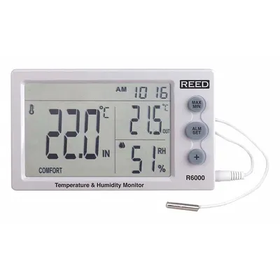 REED INSTRUMENTS Humidity/Temp Indicator: 20%to 95% Humidity Range - Desk & Wall Mount Meters with Cabled Sensors