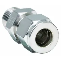 This double-ferrule stainless steel fitting connects 3/8 in OD tubing to a 3/8 in ORB port. It is compatible with Parker A-LOK fittings and is used in hydraulic and instrumentation systems requiring leak-tight, vibration-resistant connections