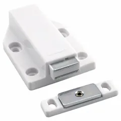 Magnetic push-to-close catch with push opening action. Constructed from iron, plastic, and steel. Height 11/16 in, width 1 13/16 in. Used for cabinet and enclosure doors requiring simple push-to-close and push-to-open operation.