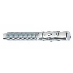 Steel anchor bolt with zinc-plated finish and gray color. Measures 1/2 in x 1/2 in x 4 3/4 in. Used for securing pallet rack systems to concrete floors in industrial storage applications.