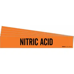 Orange adhesive pipe marker with black legend reading 'Nitric Acid'. Designed for pipes with outer diameter of 8 inches and larger. Each pack contains 5 markers without directional arrows. Used for identifying nitric acid piping in industrial facilities.