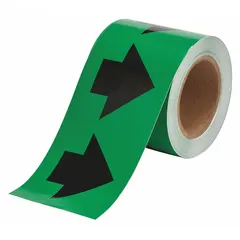 Green vinyl pipe marker tape with black directional flow arrows. Non-reflective, 4 inches wide by 90 feet long. Used for marking pipe direction in industrial facilities to indicate flow direction.