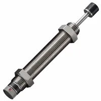 Steel industrial shock absorber rated at 8.9 N force. Used to decelerate and dampen impact forces in automated machinery, packaging lines, and material handling systems. Protects equipment from mechanical shock and vibration