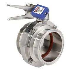 This VNE butterfly valve features a 304 stainless steel body and disc with a clamp connection and lever handle. It offers 12 stop positions and is rated for a maximum pressure of 145 psi (CWP). The valve has an average surface roughness of 20RA ID/32RA OD, making it suitable for sanitary flow control applications requiring cleanability and corrosion resistance.