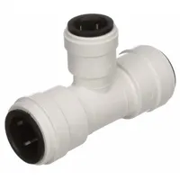 This polysulfone push-to-connect tube fitting is a reducer tee with sizes 3/4 in OD x 3/4 in OD x 1/2 in OD. It enables tool-free connections in tubing systems requiring a branch line with reduced diameter. Suitable for use in industrial fluid handling applications