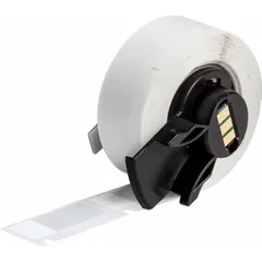 White matte vinyl precut label roll for wire marking. Each label measures 1 1/4 in x 1/2 in and wraps around wires from 10 AWG to 4 AWG. Compatible with M611 printer series; requires M7-R4300 ribbon. Used for permanent identification in electrical panels, control cabinets, and industrial wiring installations.