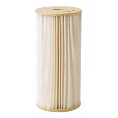 This pleated water filter cartridge features resin-impregnated pleated-cellulose polyester media. It is designed for fine filtration in industrial water systems, process water, cooling towers, and pre-filtration applications requiring a flow rate of 20 gpm. Overall height is 9 3/4 inches.