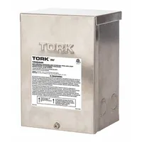 The TORK TPX300S is a low-voltage transformer for landscape, pool, and spa lighting. It steps down 120V AC input to 14V AC output with a 300W capacity. The stainless steel enclosure resists corrosion in wet outdoor environments. Finish is silver