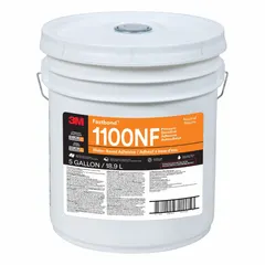 This 3M 1100NF is a white, low-odor contact adhesive formulated for bonding foam to non-porous or porous surfaces. It is spray-applied and heat resistant, with a VOC content under 20 g/L, meeting OSHA standards. Supplied in a 5-gallon pail, it is used in upholstery, cushion assembly, and insulation bonding.