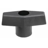 T-handle knob with a threaded through-hole for manual adjustment, clamping, or positioning. Features a 2 in diameter plastic body with steel thread and 1/4"-20 thread size. Suitable for machinery and equipment requiring hand-operated fastening or positioning