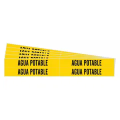 Yellow adhesive pipe marker with black legend reading 'Agua Potable' for identifying potable water lines. Fits pipe outer diameters from 3/4 to 2-3/8 inches. Pack of 5 markers (4 per pack), without arrows. Suitable for industrial piping systems requiring clear labeling of water content.