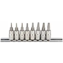 This 25-piece set includes 8 security Torx bit sockets with a 1/4 in drive size, covering tip sizes T7 to T30. Designed for driving tamper-resistant Torx fasteners in assembly, maintenance, and repair tasks. The fixed insert design ensures secure bit retention during use.