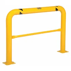 This floor-mounted guardrail is constructed from yellow steel and includes a mid-rail at 21 in height. It features a 7/8 in mounting hole diameter and is designed to create a physical barrier around machinery, equipment, or pedestrian areas in industrial settings.