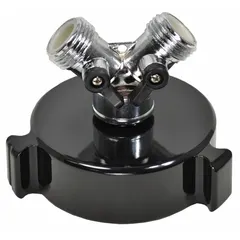 This adapter features an aluminum wye valve body with plastic components. It has a female NH inlet and two 3/4 in male GHT outlets, configured as female x male with NH x GHT connection. Used to split a single fire hydrant or standpipe supply into two discharge lines for hose or equipment connections.